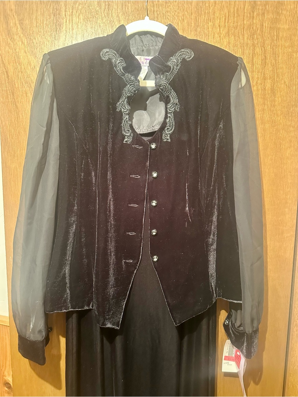 Black Velvet Button-Front Jacket with Sheer Sleeves
